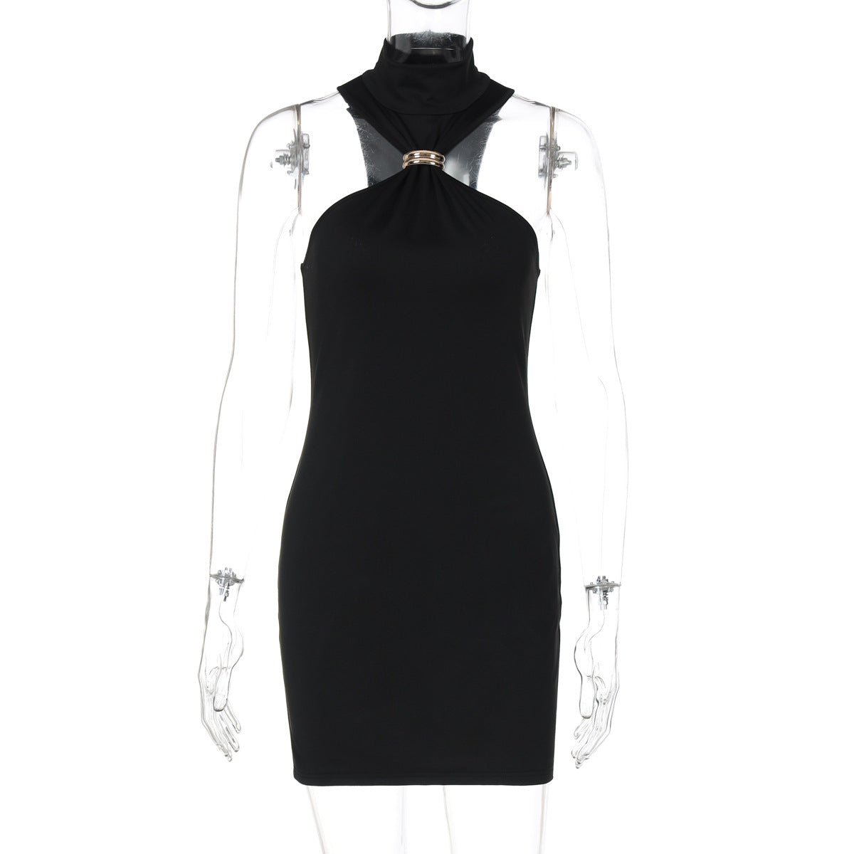 Metal Buckle Bodycon Dress Sleeveless High Waist Solid Color