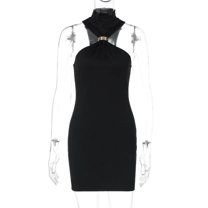 Metal Buckle Bodycon Dress Sleeveless High Waist Solid Color