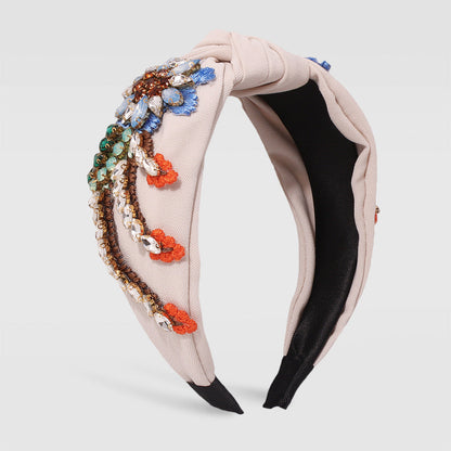 Stylish Hand-Stitched Embroidered Flowers Fabric Headband Personality Creative Diamond-Encrusted Knotted Headband For Women