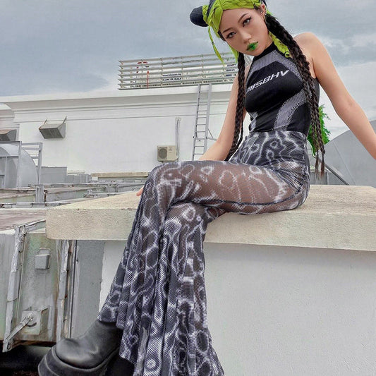 Printed High Waist Gauze Net Slightly Transparent Fashion Casual Women'S Horn Pants
