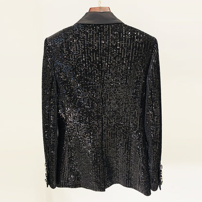Fashionable Velvet Sequin Double-Breasted Blazer And Flared Pants Set