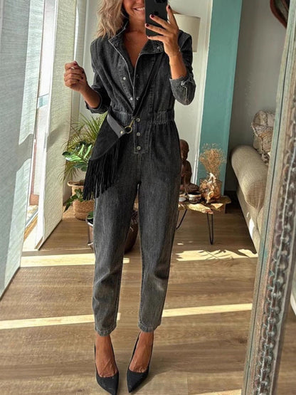 Trendy Pocket Denim Jumpsuit with Elastic Waist