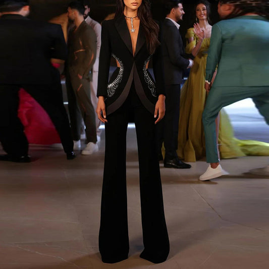 Trendy Hollow Out Rhinestone Blazer Suit Set