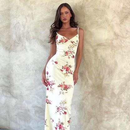 Suspender V-Neck Print Sexy Slim Dress Summer Vacation Style Hot Girl Backless Dress Women