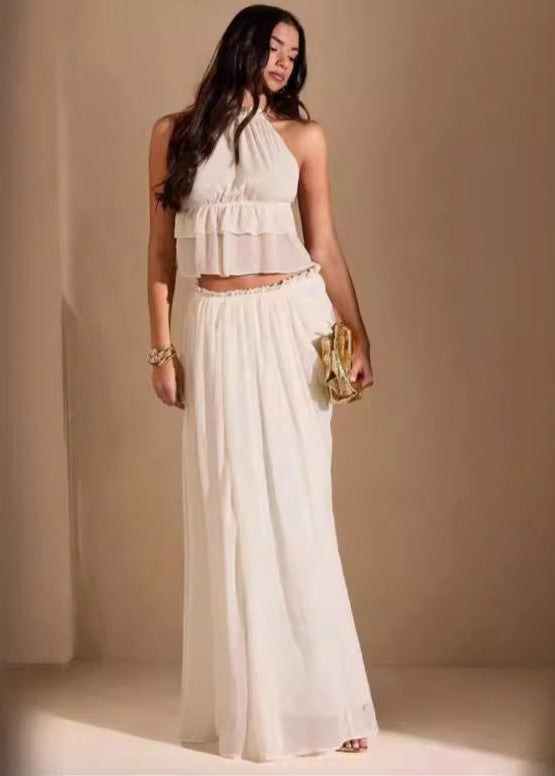 Halter Crop Top And Flowy Chiffon Maxi Skirt Set