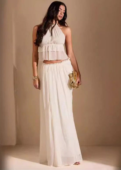 Halter Crop Top And Flowy Chiffon Maxi Skirt Set