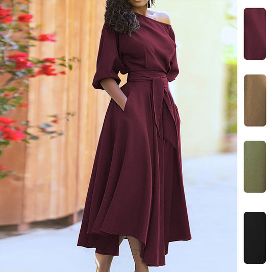 Slant Shoulder Maxi Dress With Tie Waist