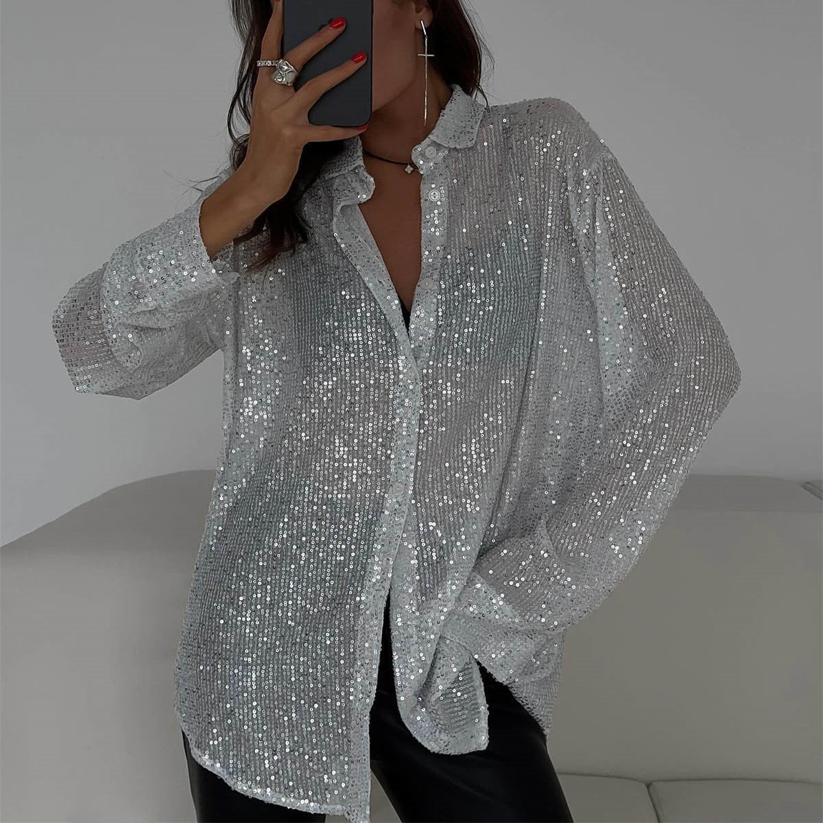 Sequin Collared Long Sleeve Shirt For Women