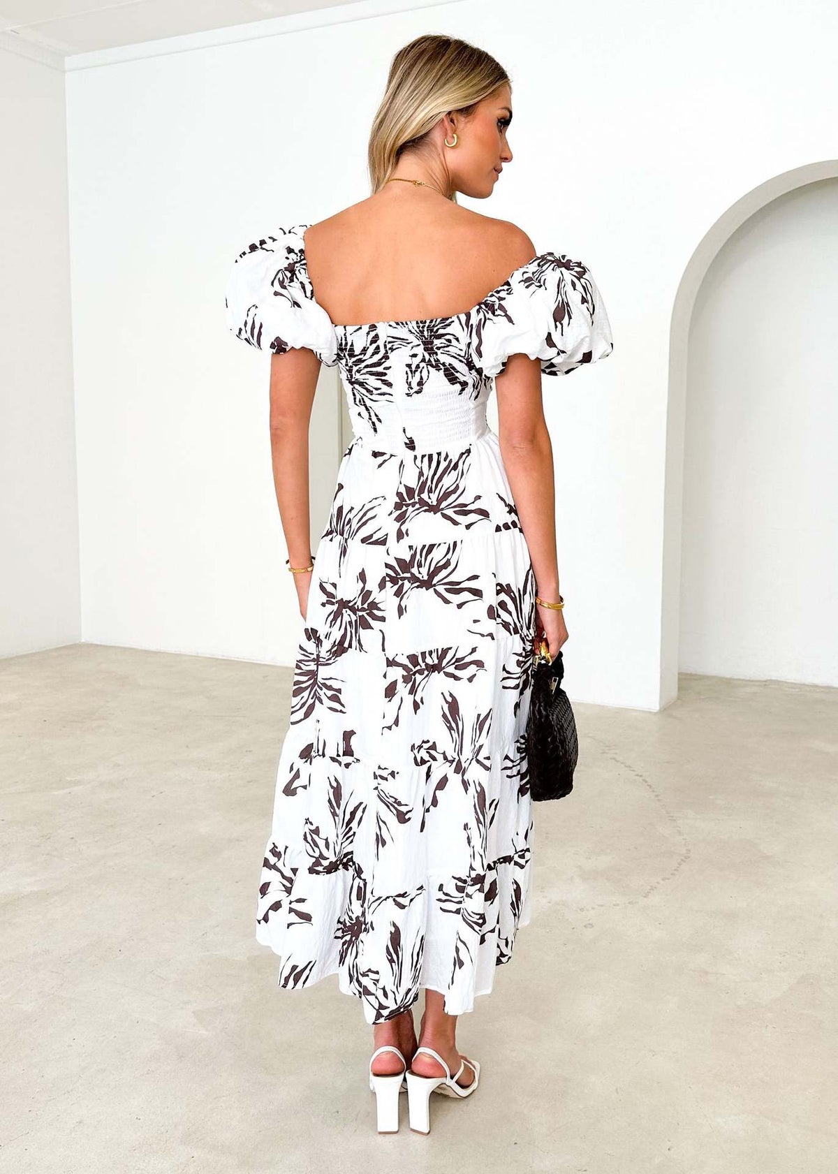 Floral Backless Puffy Sleeves Long Dress