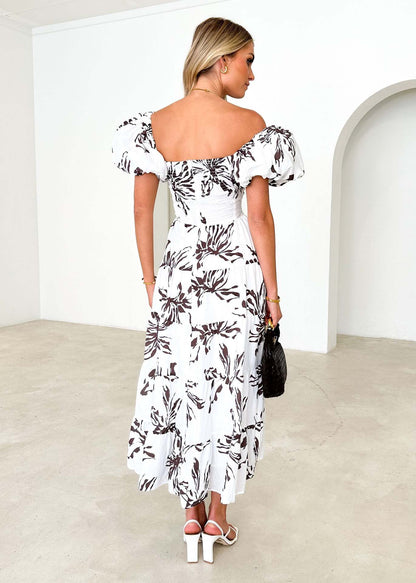 Floral Backless Puffy Sleeves Long Dress