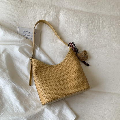 Trendy Woven Texture Bucket Tote Bag Large Capacity Casual Shoulder Bag