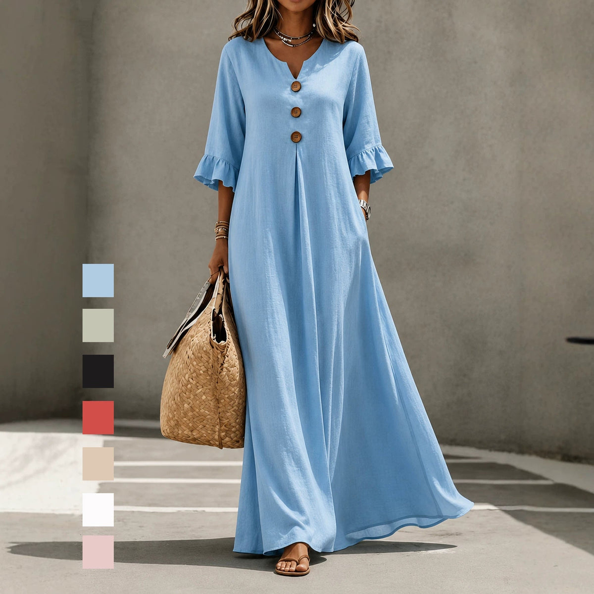V-Neck Ruffle Sleeve Linen Maxi Dress