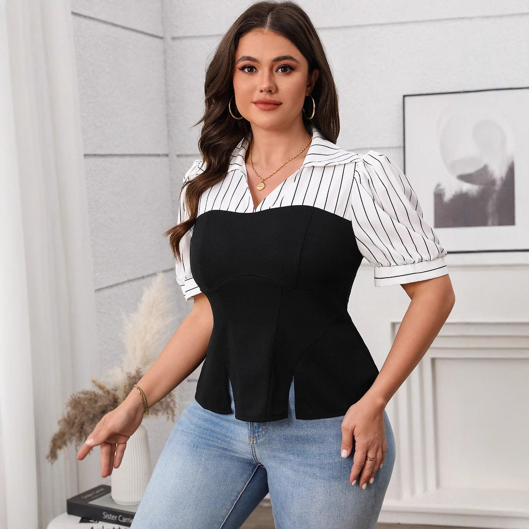 Striped Casual Short Sleeve Top Lightweight Polyester