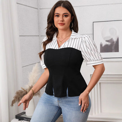 Striped Casual Short Sleeve Top Lightweight Polyester