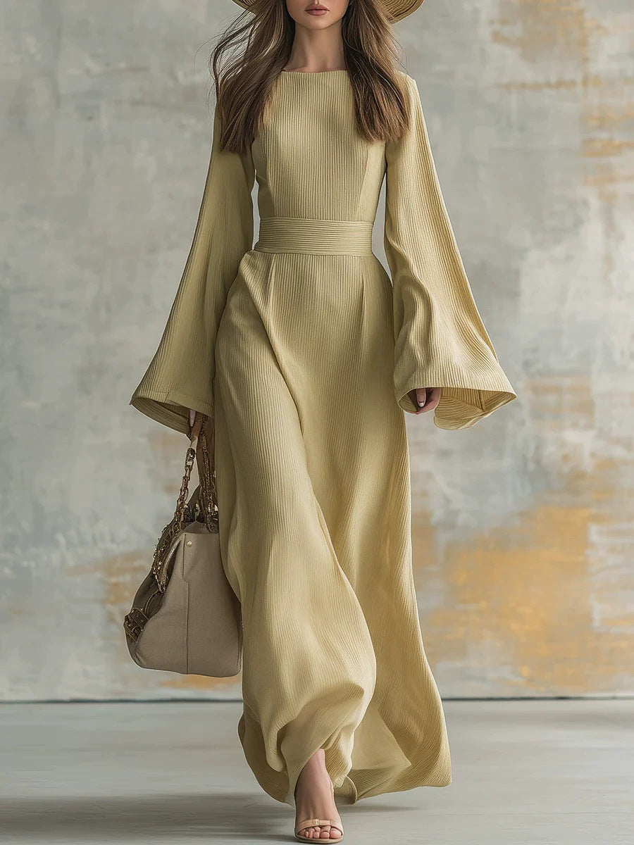 Ribbed Boat Neck Flare Sleeve Fitted Wrap Maxi Dress