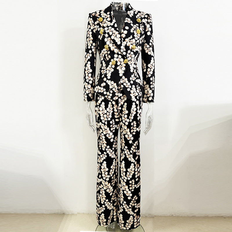 Metallic Snail Button Blazer With Floral Print Trousers