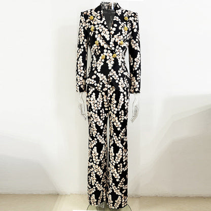 Metallic Snail Button Blazer With Floral Print Trousers