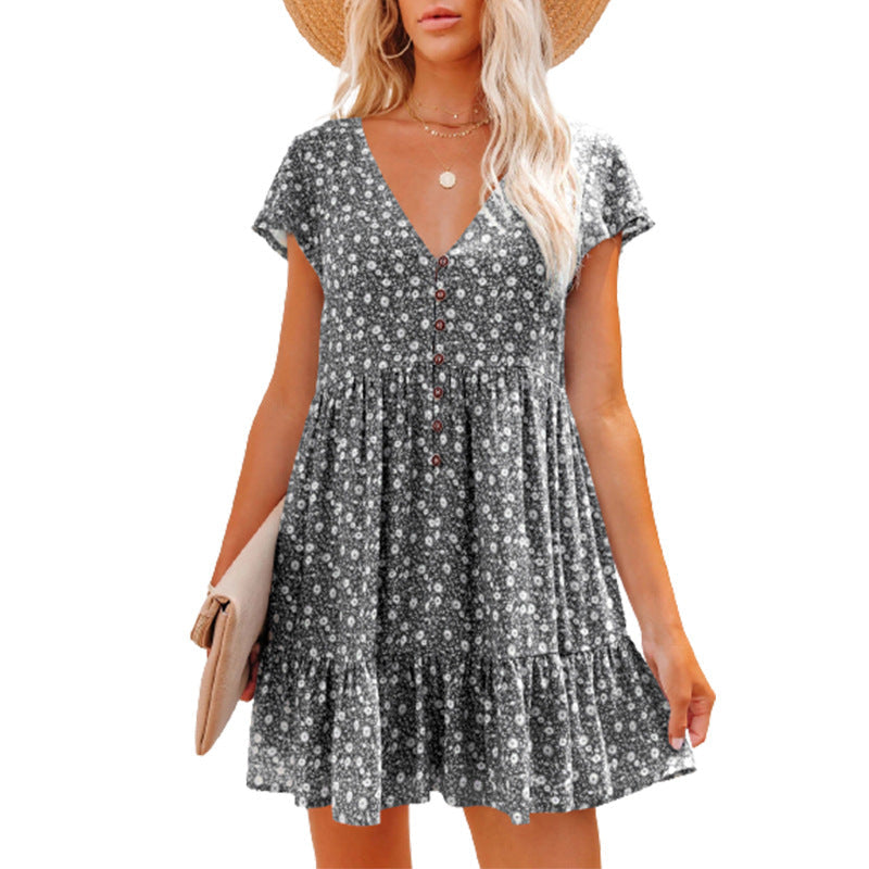 V-Neck Buttons, Small Florals, Short Sleeves, Loose Casual Dress, Women'S Wear