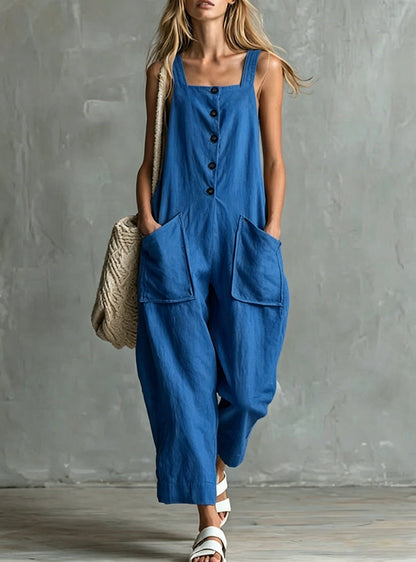 Loose Linen Square Neck Sleeveless Pocket Jumpsuit Casual Overall