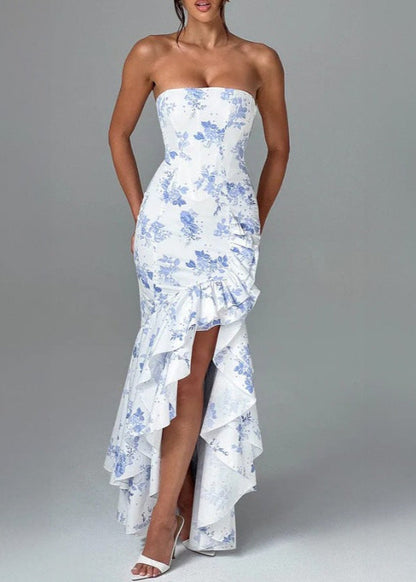 Strapless Ruffled Maxi Dress With Floral Print