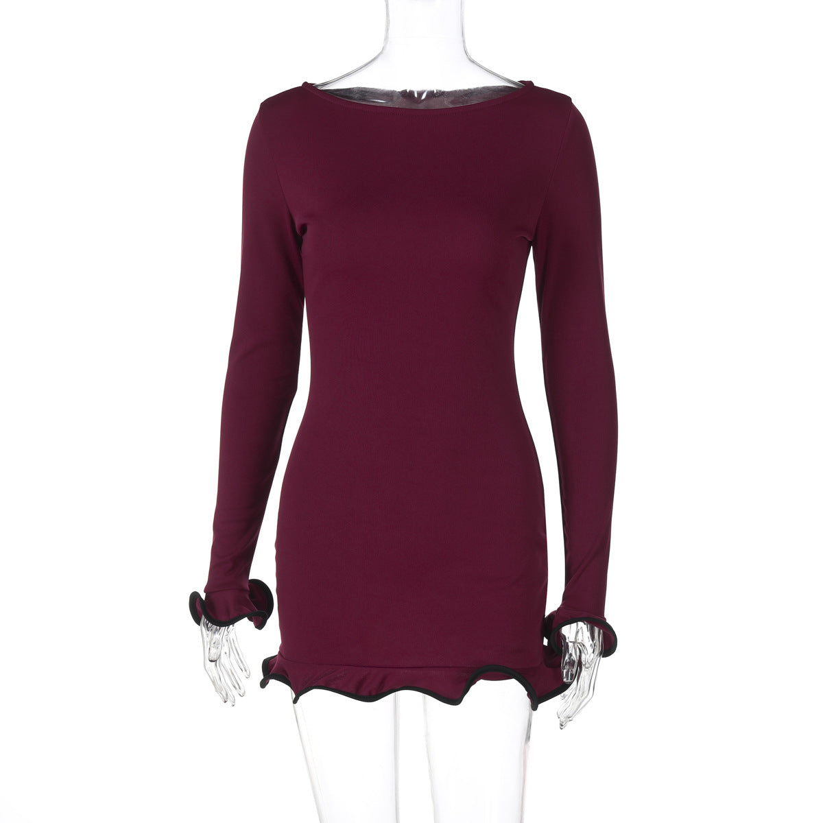 Sexy Ruffled Hem Dress Long Sleeve Knitted Mini Dress