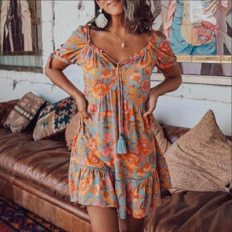 Fashionable Print With Shrink-Pleated Cutouts Small V-Neck Short-Sleeved Cotton Linen Dress