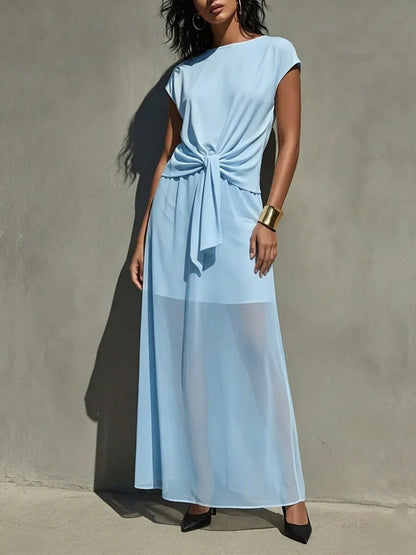 Elegant White Twist-Front Semi-Sheer Maxi Dress