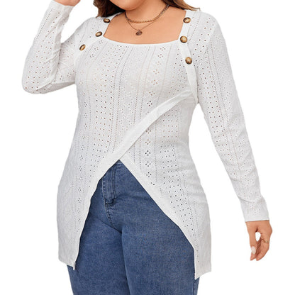 White Long Sleeve Square Neck Blouse Casual Plus Size Tunic