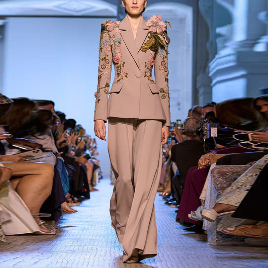 Fashionable Beaded Floral Jacket And Wide-Leg Pant Set