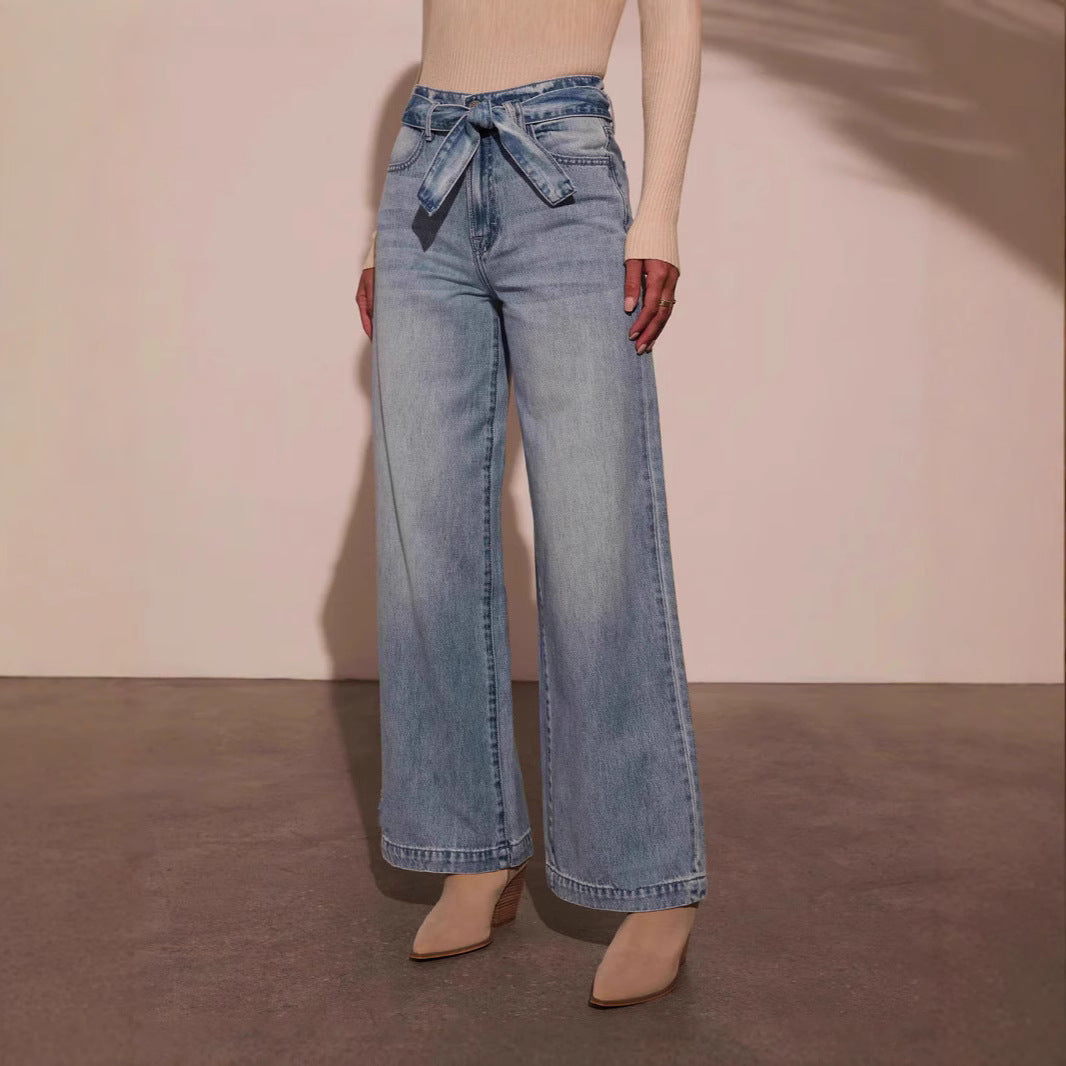 Elegant Tie Front High Waisted Straight Leg Jeans