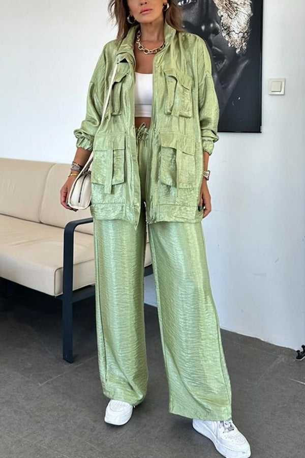 Fashionable Long Sleeve Solid Color Two-Piece Set with Straight-Leg Pants