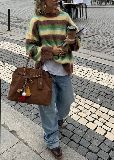 Fuzzy Wool Sweater With Vibrant Stripes