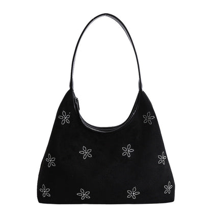 Floral Rhinestone Shoulder Bag Trendy Casual PU Handbag
