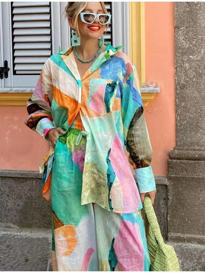 Casual Fashion Printed Shirt Set Comfortable Loose Long Sleeve