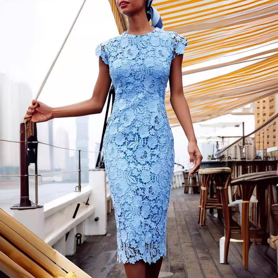 Elegant Lace Midi Dress With Round Neck Short Sleeves