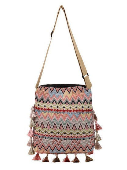 Boho Style Shoulder Bag with Fringe - Canvas Tote