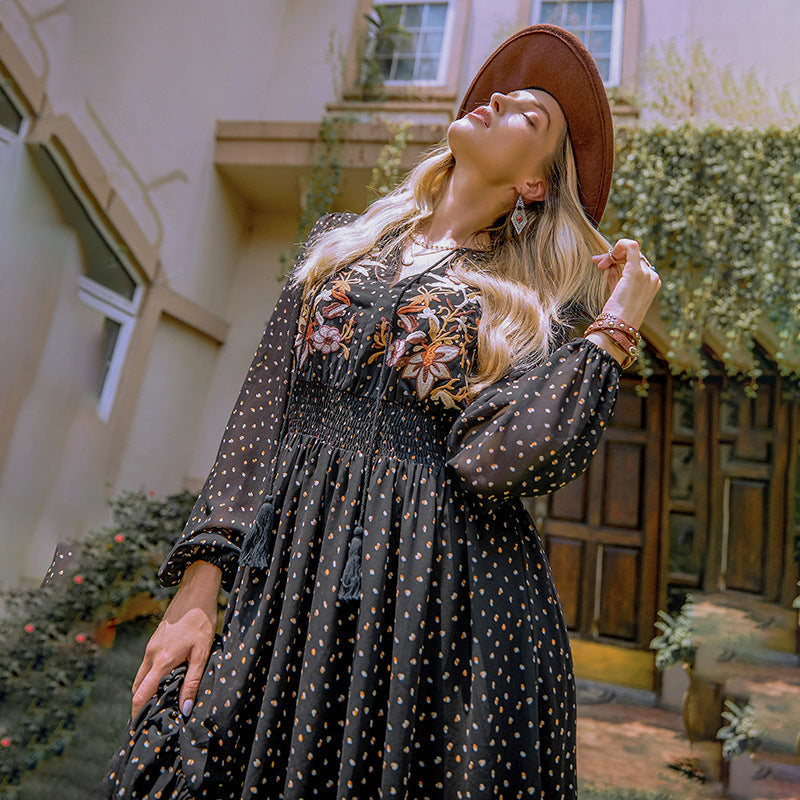 New Spring And Autumn Chiffon Long Sleeve Embroidery Black High Waist Polka Dot Long Dress