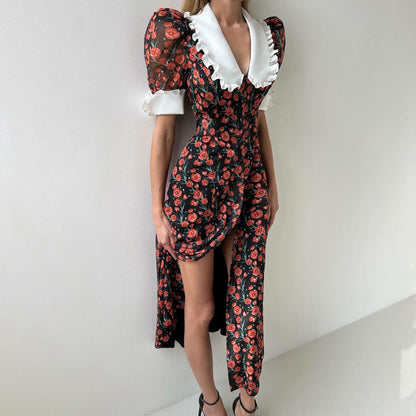 French Floral Print A-Line Dress With Peter Pan Collar