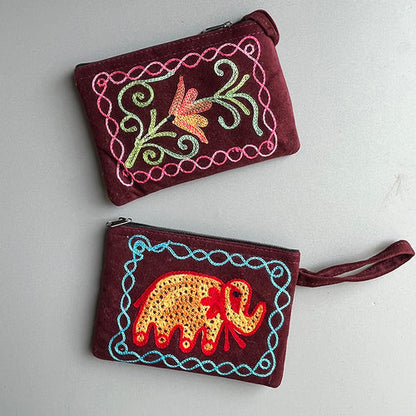 Nepali Hand-Embroidered Suede Ethnic Style Mini Coin Purse Pocket Card Bag Short Fabric Coin Bag