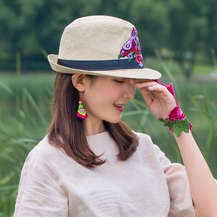 Embroidered Hat In Summer, Straw Hat, Women'S Top Hat, Tibetan Style, Sun Protection, National Style Embroidery In Summer And Autumn