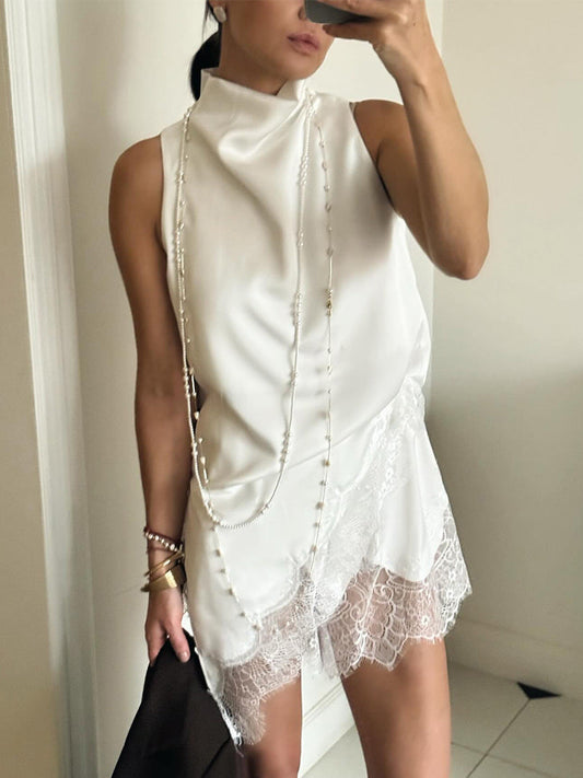 Lace Trim High Neck Sleeveless Top Elegant Satin Blouse