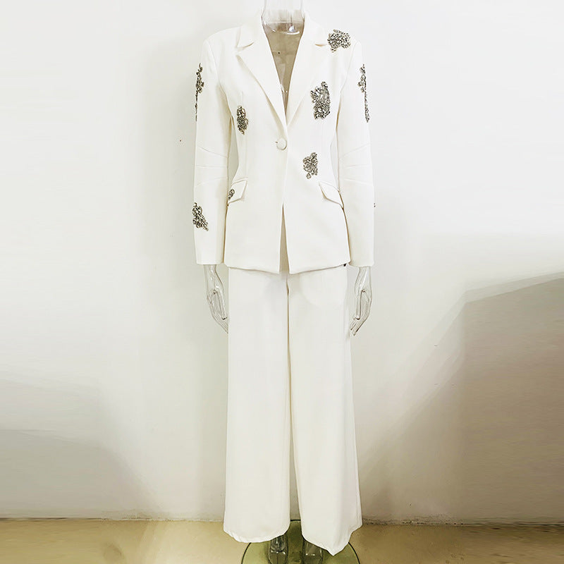 Trendy Elegant Pearl Beaded Blazer & Wide Leg Pants Set