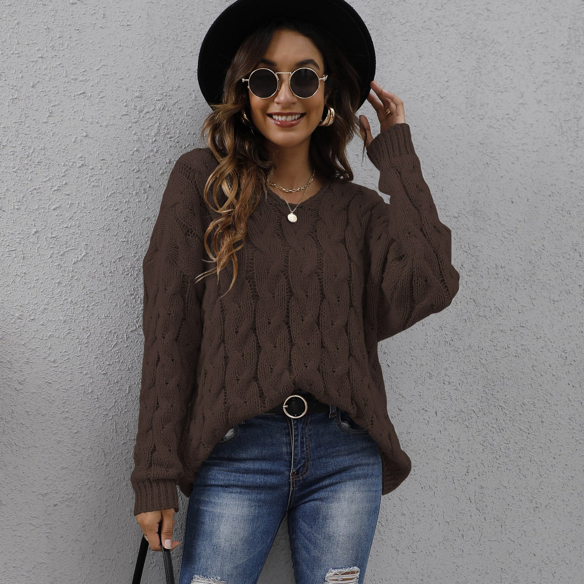 Fashionable Chunky Knit V-Neck Hoodie Sweater For Women