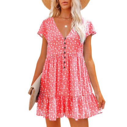 V-Neck Buttons, Small Florals, Short Sleeves, Loose Casual Dress, Women'S Wear