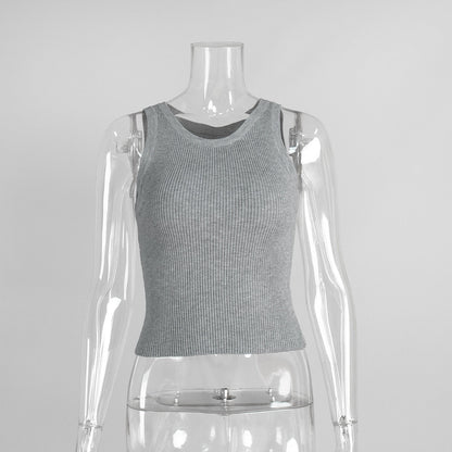 Knitted Tank Top For Women Solid Color Ribbed Fitted Casual Top
