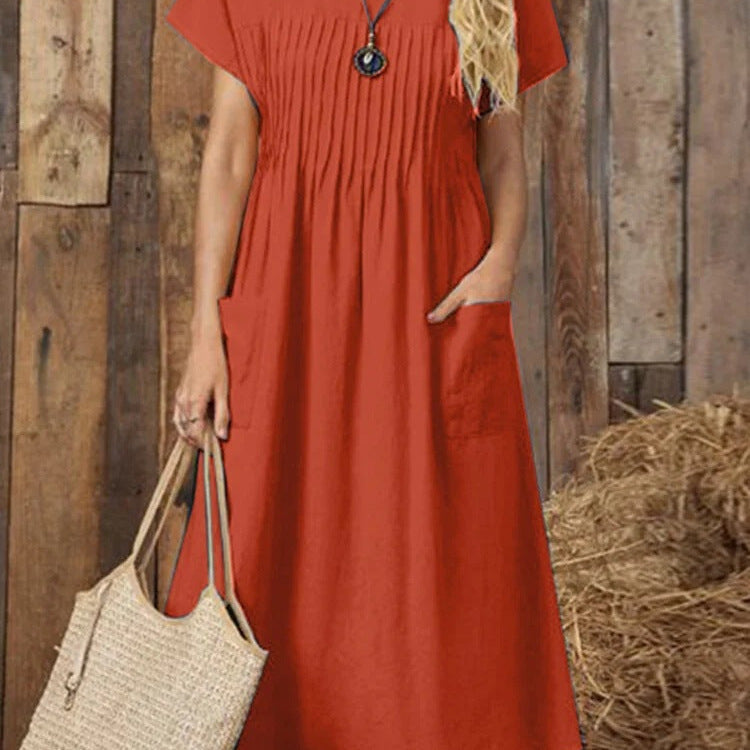 Women'S Clothing Long Dress New Solid Color Round Neck Pocket Pleated Short Sleeve Cotton And Linen Dress