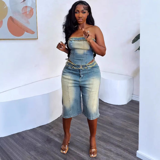 Women'S Denim Set Trendy Sleeveless Wrap Top High-Waisted Shorts