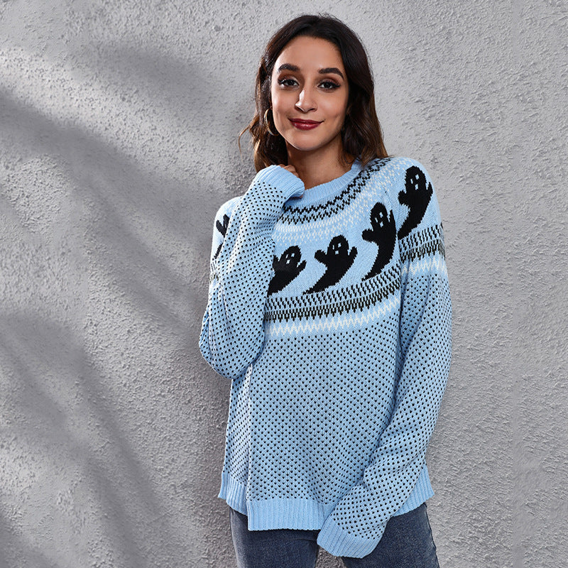 Halloween Ghost Vintage Polka Dot Long Sleeve Knitted Sweater Women'S Loose Wear