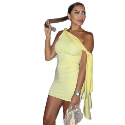 Elegant Slim-Fit Solid Color Dress With Asymmetric Neckline