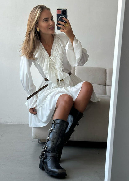 Ruffled A Line Dress Lightweight White Fabric